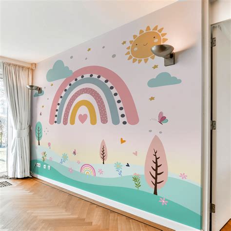 Papel de Parede Infantil Tema Arco Íris Soft Color Para Decorar Quart