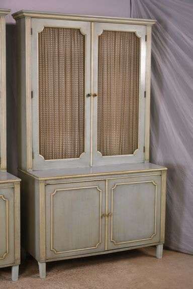 Pair Of Large Blue Step Back Cabinets With Off White Trim R