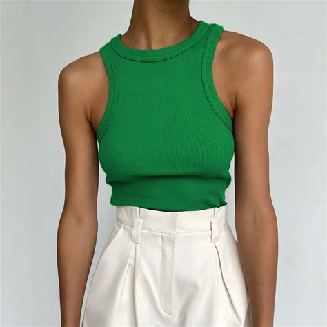 Rib Kint Women Sexy Tank Crop Tops 2022 Summer O Neck Sleeveless Solid