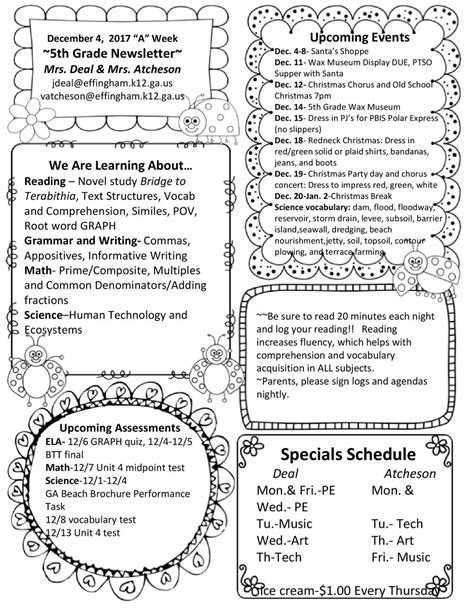 December A Week Th Grade Newsletter Mrs Deal Mrs Atcheson