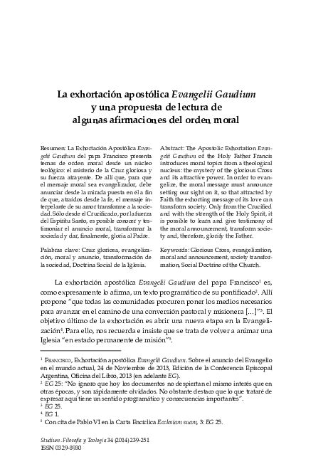 Pdf La Exhortación Apostólica Evangelii Gaudium Y Una Propuesta De