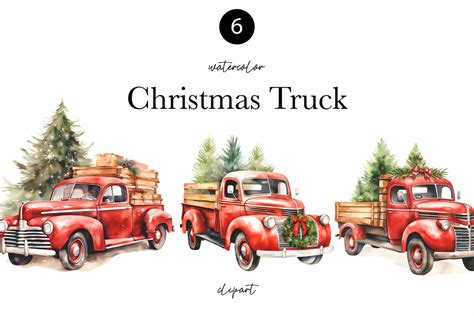 Watercolor Christmas Clipart Watercolor Red Truck With Christmas Tree