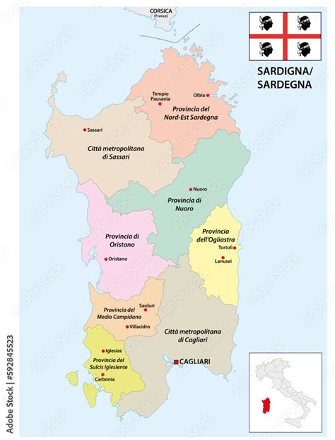 New Administrative Map Of The Italian Mediterranean Island Of Sardinia