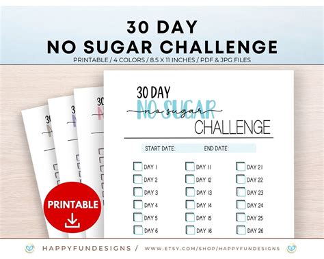 No Sugar Challenge 30 Day Habit Tracker Printable Sugar Detox No