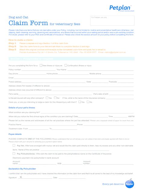 Au Petplan Veterinary Fees Claim Form Fill Online Printable