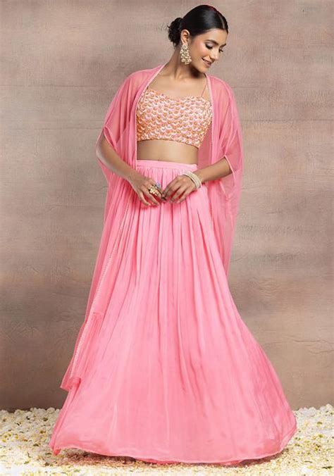 Buy Women Pink Lehenga Set With Sequin Pearl Hand Embroidered Blouse