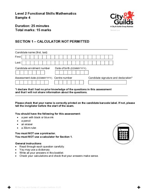 Fillable Online City And Guilds Functional Skills Level Sample Paper