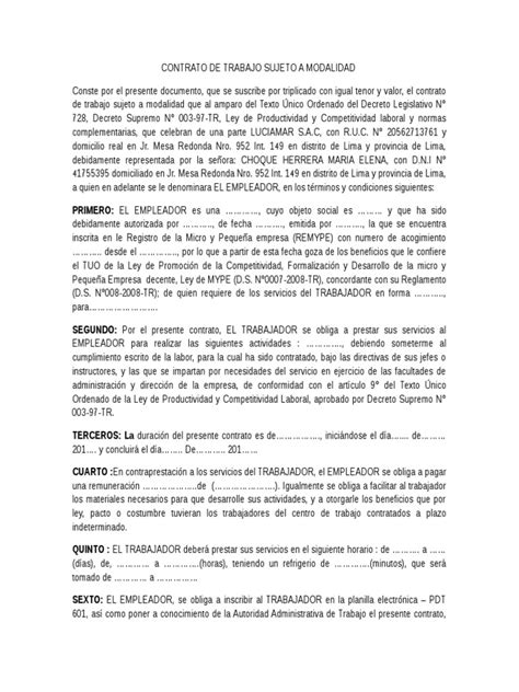 Modelo De Contrato De Trabajo Sujeto A Modalidad Adaptado Al Regimen Mype Pdf Derecho