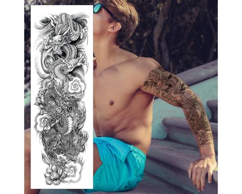 Chinese Dragon & Flowers Temporary Tattoo Sleeve Full Arm Black ...