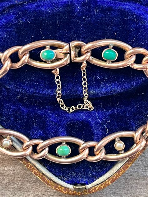 9ct Gold Antique Turquoise And Pearl Bracelet Etsy