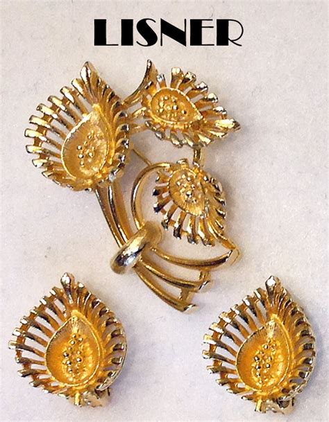 Vintage Lisner Gold Tone Brooch Earrings Set Abstract Stylized Flower