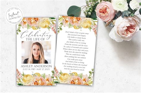 Editable Funeral Prayer Card Template Printable Memorial Etsy