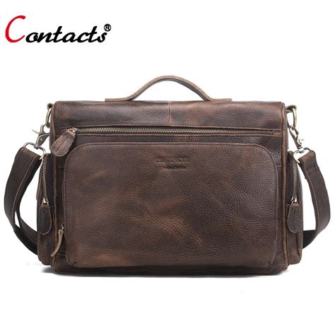 Contacts Genuine Leather Men Bag Shoulder Crossbody Bag Vintage Brown