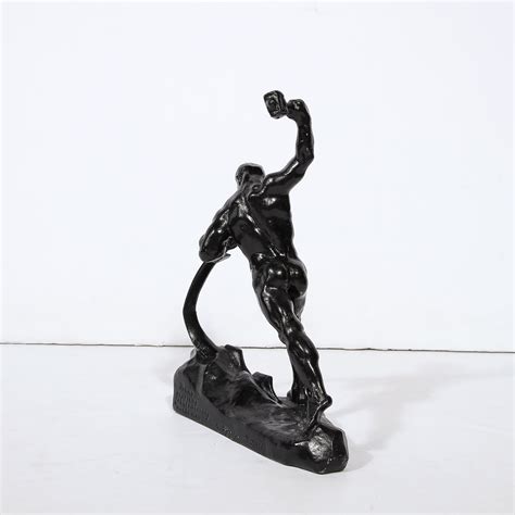Modernist 20th Century Soviet Russian Nude Male Sculpture In Blackened Bronze High Style Deco
