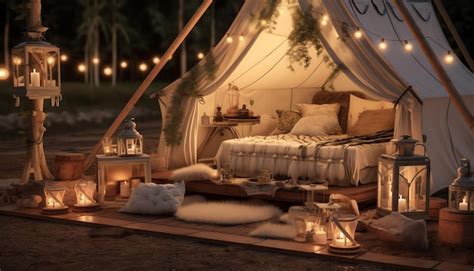 Premium AI Image | A tent with a bed and a table with lights