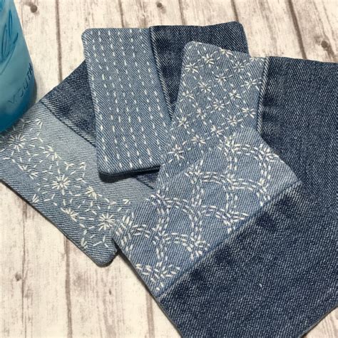 Sashiko Stitching Reclaimed Denim Square Coasters Set Of Etsy