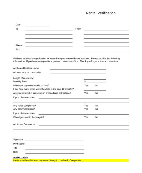 Free Sample Rental Verification Forms In Pdf Ms Word