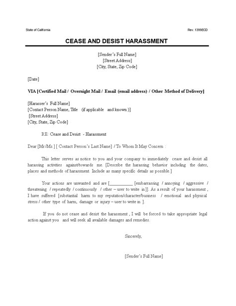 Updated Cease And Desist Harassment Templates At