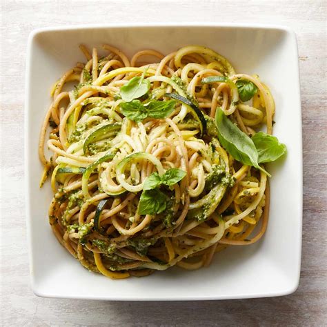 Spaghetti And Zucchini Noodles With Basil Walnut Pesto