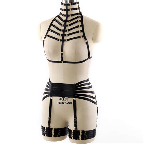 Black Gothic Fetish Lingerie Exotic Full Body Harness Dress Set MySpookyHalloween Free