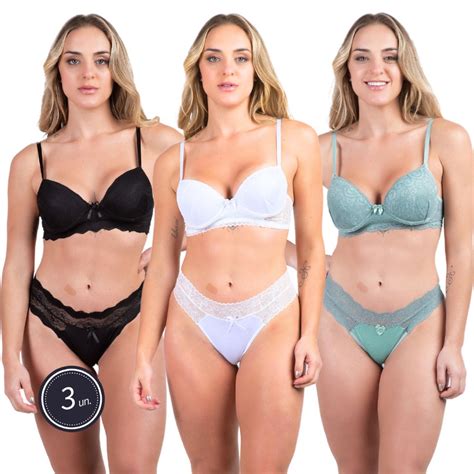 Kit 3 Conjunto Feminino Lingerie Sutiã Bojo Alça Regulável Calcinha Luxo Cós Microfibra Detalhe