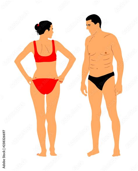 Couple In Love On Beach Sexy Suntan Woman And Man Sunbathing In Bikini Vector Illustration