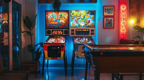 Nostalgic View Of A Retro Arcade With Two Pinball Machines And A Pool Table The Walls Are