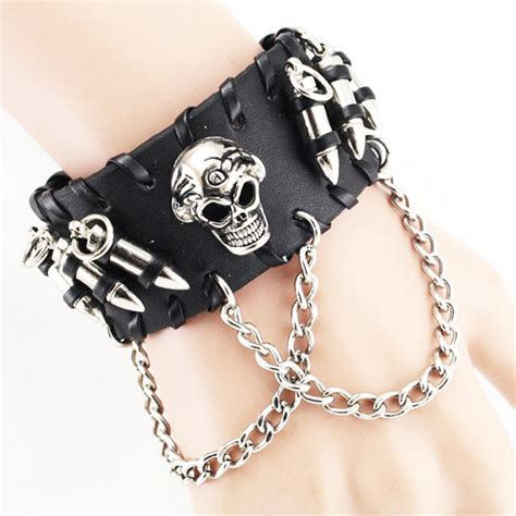 Pc Men S Gothic Black Leather Bullet Skull Chain Wristband Bracelets