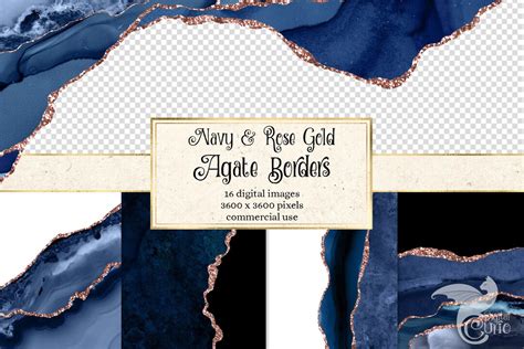 Navy And Rose Gold Agate Borders Digital Watercolor Geode Png Overlays