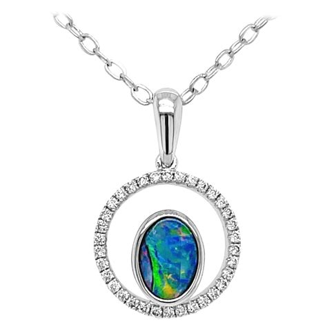 Australian Ct Black Opal Diamonds Pendant Necklace In K White