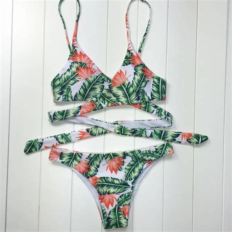 2017 Summer New Strappy Bandage Bikinis Set Womens Print Push Up Bikini