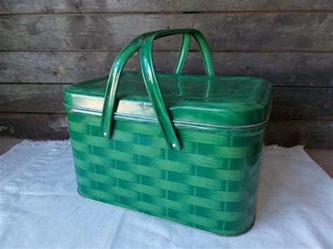 Vintage Green Metal Picnic Basket