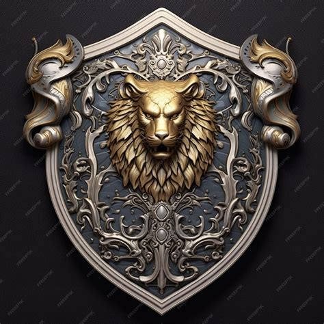 Premium Ai Image A Gold Lion Head On A Shield With Floral Decorations