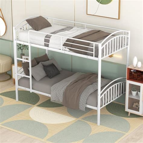 Harper Bright Designs White Twin Over Twin Metal Bunk Bed With Ladder