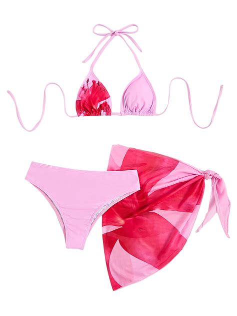 SHENHE Women S Piece Floral Bikini Set With Wrap Coverup Halter Triangle Swimsuits Pink Flower