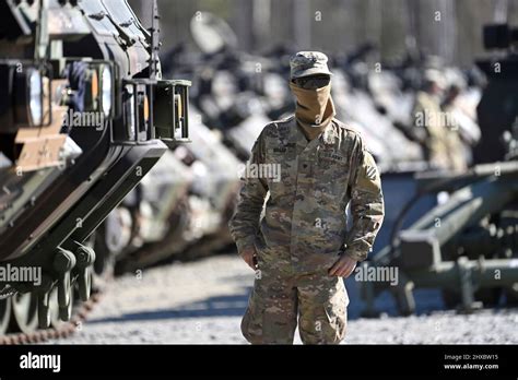 Grafenwoehr Germany 11th Mar 2022 Us Soldier In Front Of Armored