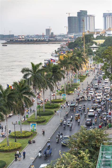 Busy Traffic Along Phnom Penh S Popular Riverside Area Editorial Stock