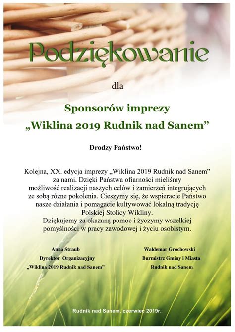 Podziękowanie dla Sponsorów Centrum Wikliniarstwa