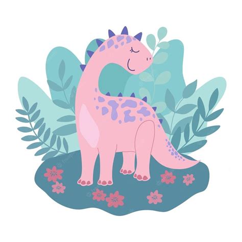 Premium Vector Pink Dinosaur On A Background Of Leaves And Flowers