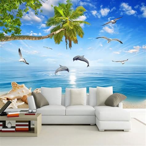 Custom Mediterranean Mural Summer Seascape Dolphin Coconut Tree