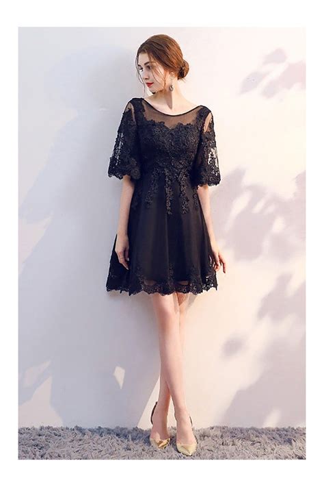 Black Lace Short Homecoming Dress Sheer Neckline With Sleeves 75