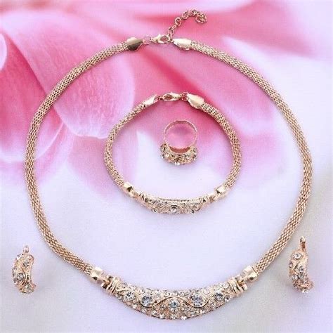 Gold Plated Crystal Necklace Bracelet Earrings Ring Set Wedding Fashion Jewelry Ebay