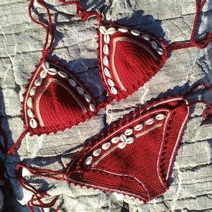 Crochet Bikini Set In Dark Red With Seashells Etsy