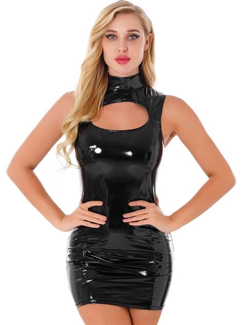 Women Sexy Wet Look Pvc Leather Mini Dress Zipper Bodycon Party Dress