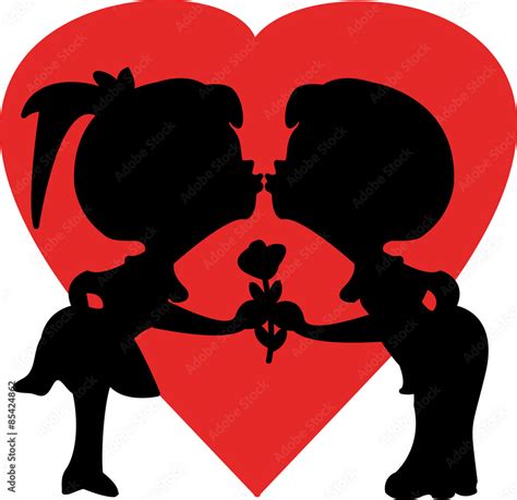 vector illustration of two children kissing silhouette Stock Vector ...