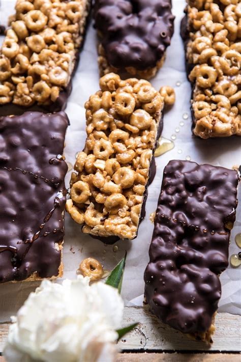 Overhead Close Up Photo Of Chocolate Dipped Peanut Butter And Honey Cheerio Bars Chocolate