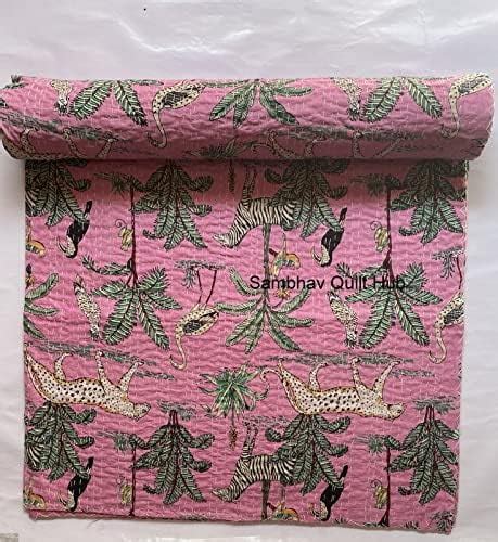 Handblock Traditional Pure Cotton Jungle Print Kantha Quilt Bed Cover