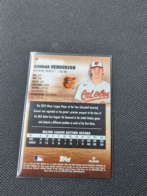 Gunnar Henderson 2023 Stadium Club Rookie Card Rc 19 Baltimore Orioles