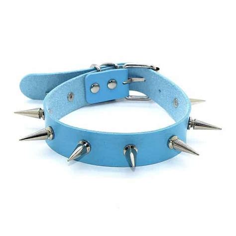 Metal Color Blue Leather Chocker Metal Spikes Black Choker Necklace