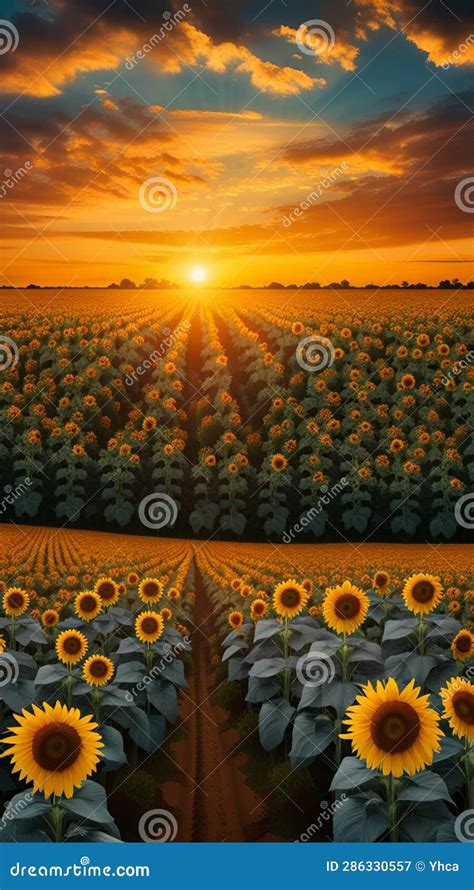 Sunflower Field With Blue Sky And Fluffy Clouds During Sunset Stock